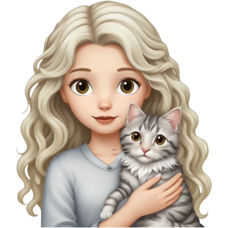 抱长毛狸花猫的白金色长卷发女孩 emoji