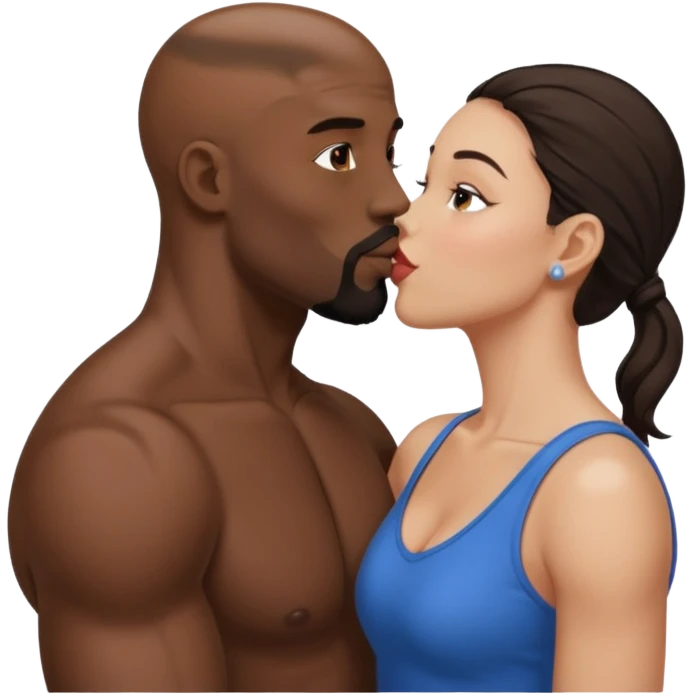 Bald black muscular goatee man kissing white brunette girl emoji