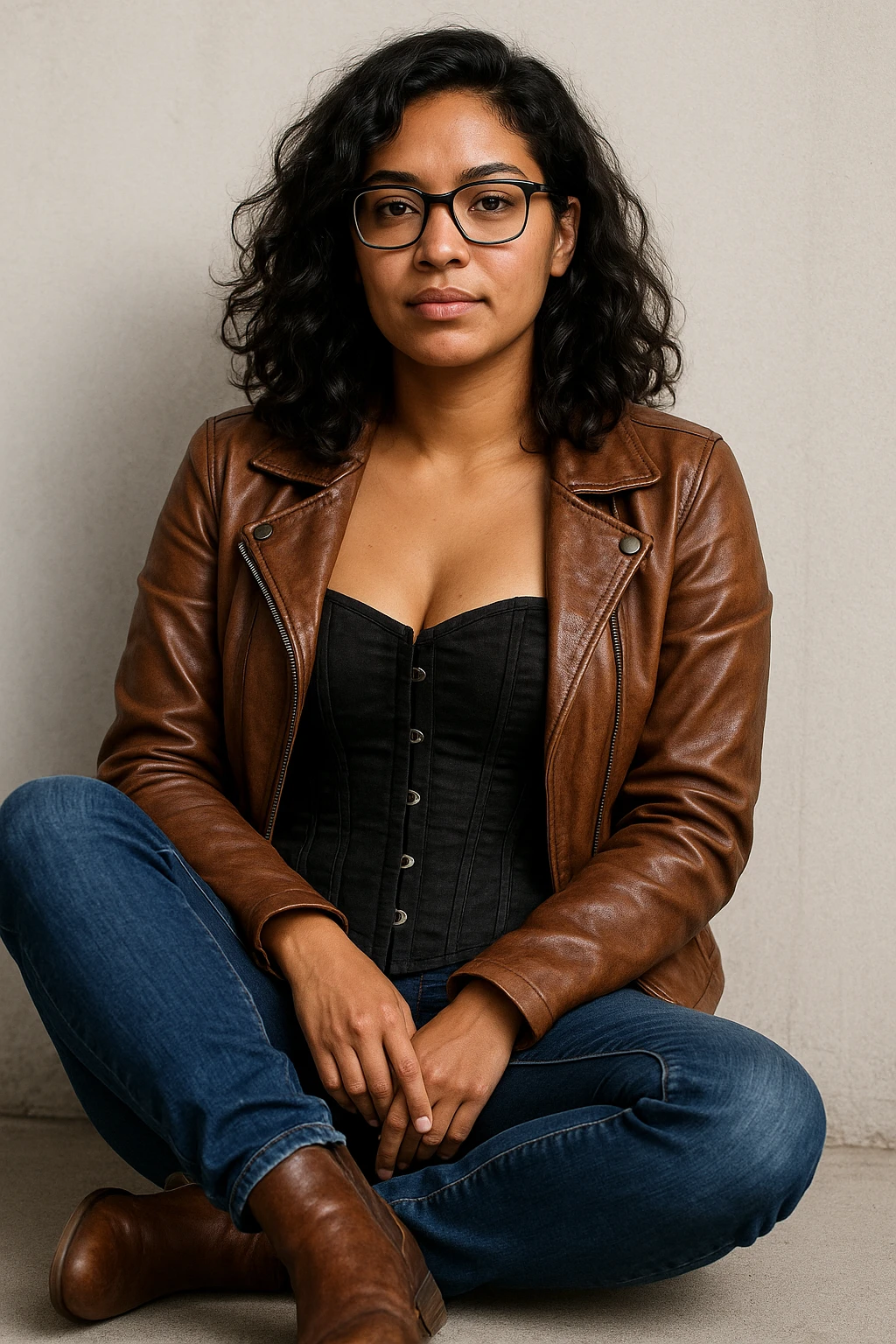 A woman with light brown skin, wavy black hair, and square-shaped glasses. She wears a black corset dress with a brown leather jacket, blue jeans, and brown ankle boots, sitting casually. emoji