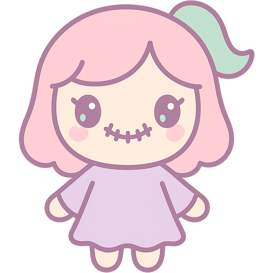 scary cute woman, stitched smile, pastel colors, kawaii style emoji