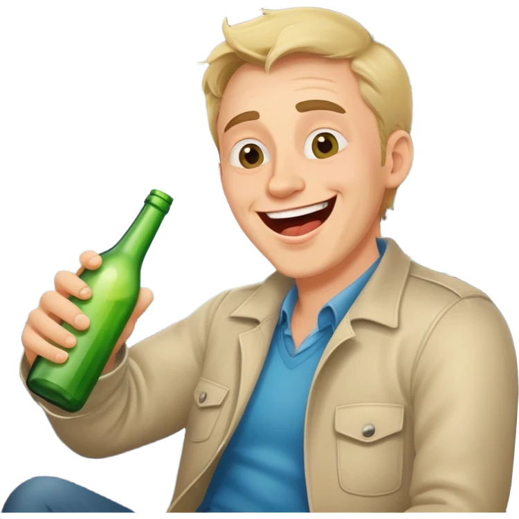 a drunk man holding a bottle fooling around laughing in a car emoji