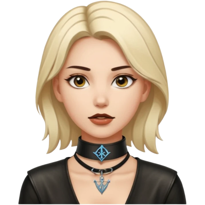 Leather choker with sigil around woman’s neck, pulse visible, dominance tone emoji