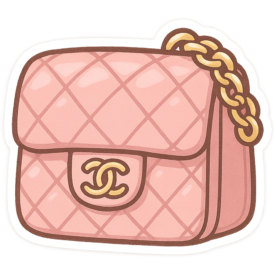 pink Chanel purse with a quilted pattern, cute and exaggerated chibi stickers style emoji