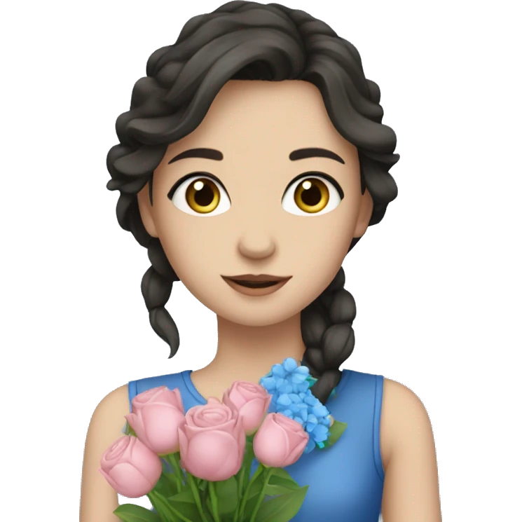 European Girl with dark hair and blue eyes with bouquet  emoji