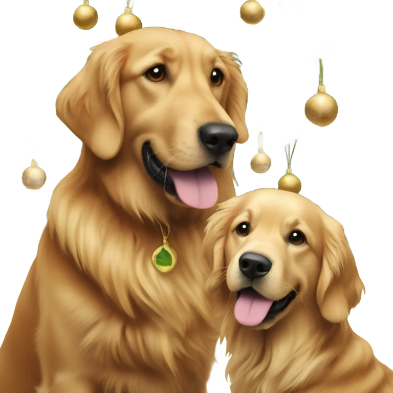 Two men and golden retriever next to Christmas tree emoji