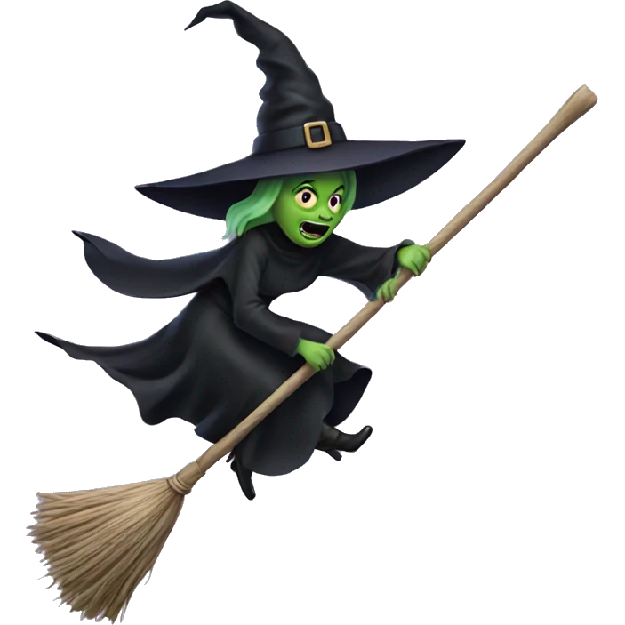 Scarry witch, flying to the left on a broom emoji