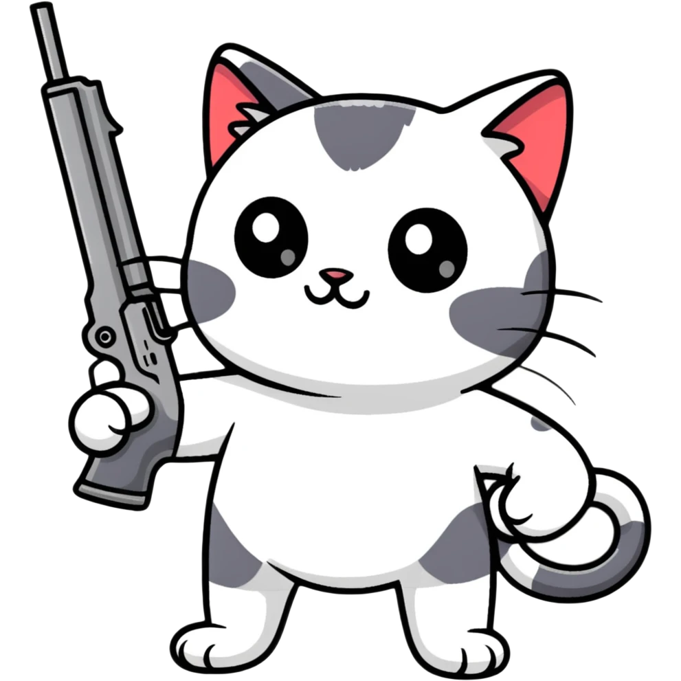 cartoon sticker of a cat holding a gun emoji
