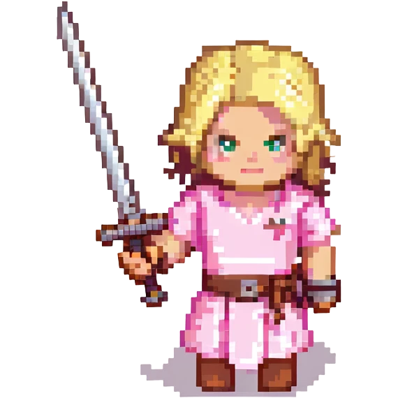 Minecraft character, pixel art style, blocky figure with blonde hair and pink shirt, holding a sword emoji