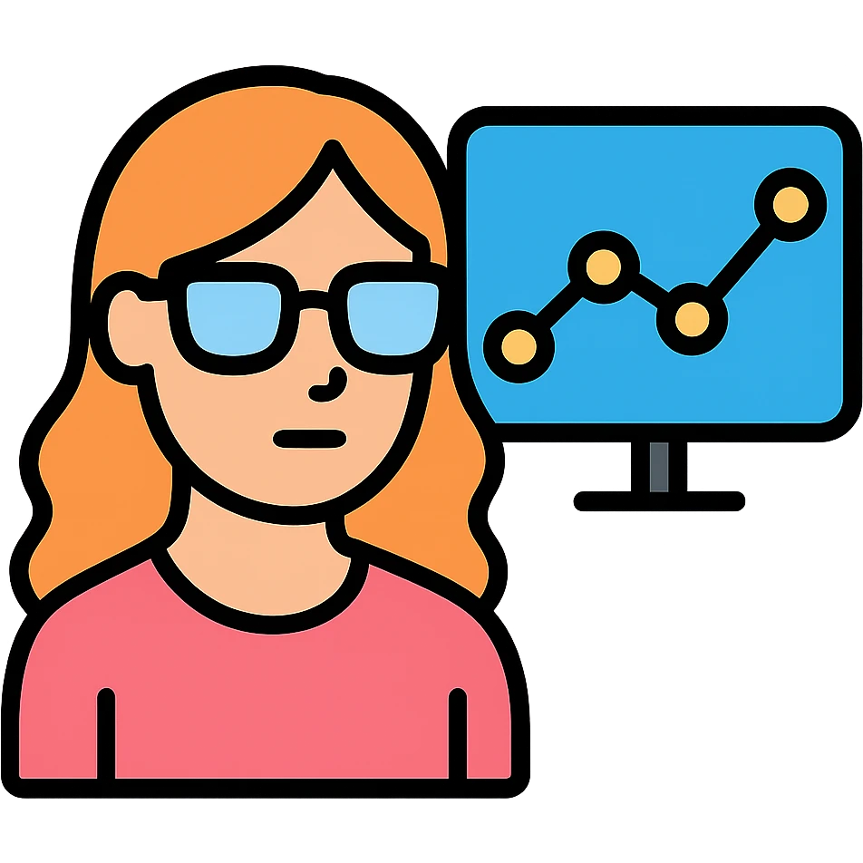 A woman wearing glasses and looking at data, in color outline icon style, with no background. emoji