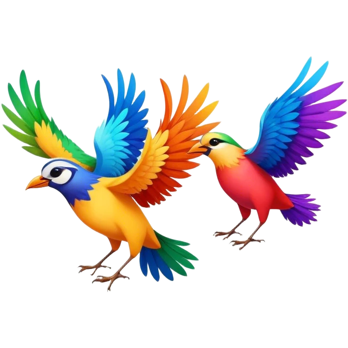 Three colorful birds flying together in the sky, each with vibrant feathers, wings spread wide, moving in harmony and creating a lively, joyful scene emoji