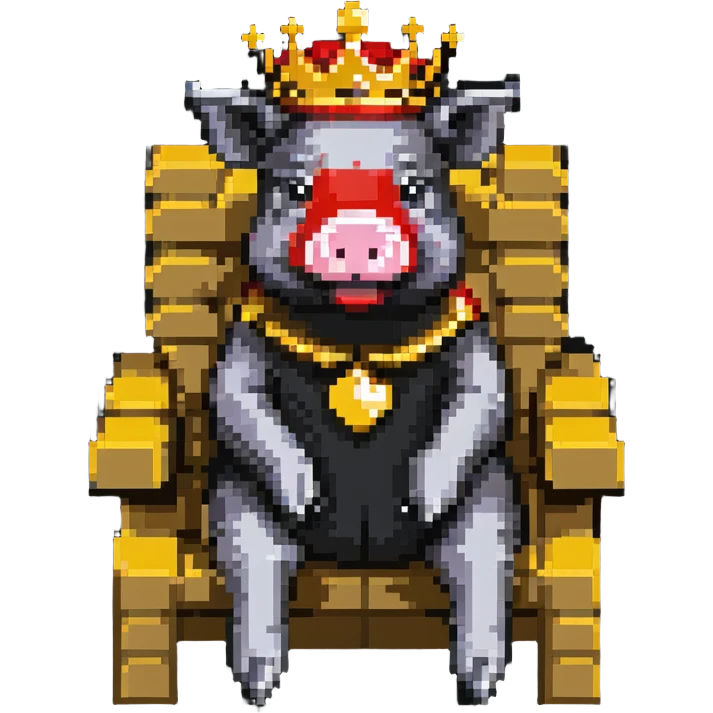 LEGO style pixel art pig with a golden crown sitting on a throne, classic LEGO brick shapes and studs, bright colors, simple and blocky emoji