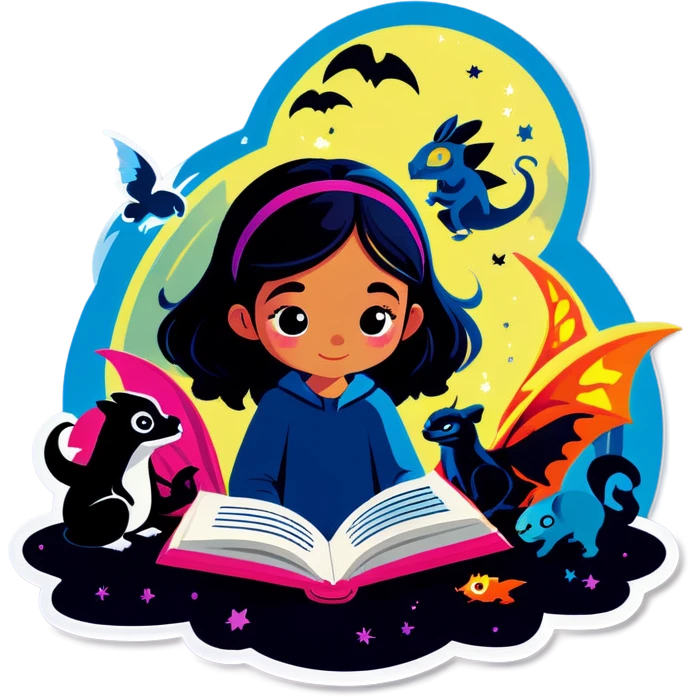 girl reading book with mystical creatures coming out of it emoji