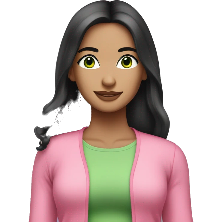 Pretty woman long black hair green eyes wearing pink clothing pilates workout emoji