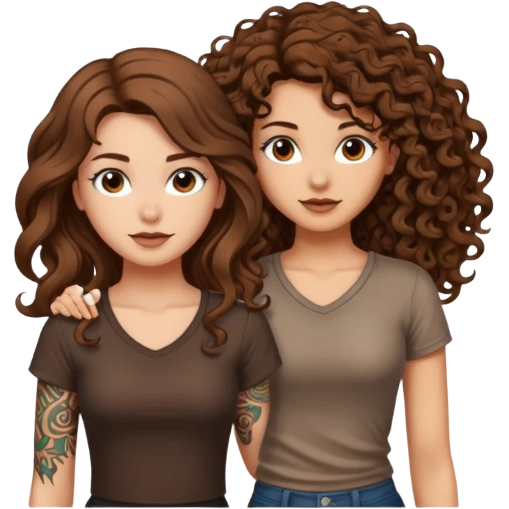 formula drawing — long wavy brown hair tattooed woman and short tight curly brown hair woman — rune sketch ground emoji