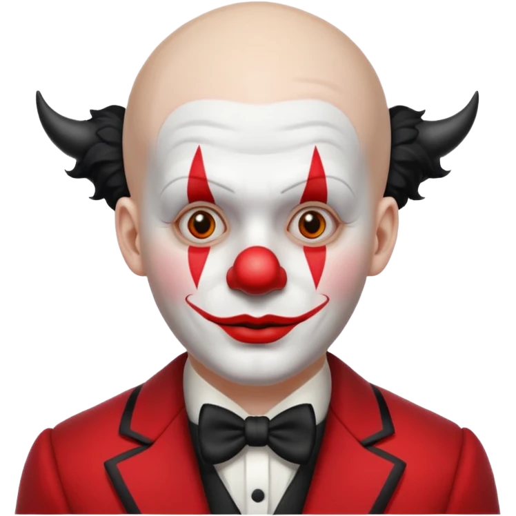 Crea un payaso con cara blanca sin pelo con cuernos negros y un traje rojo con negro emoji