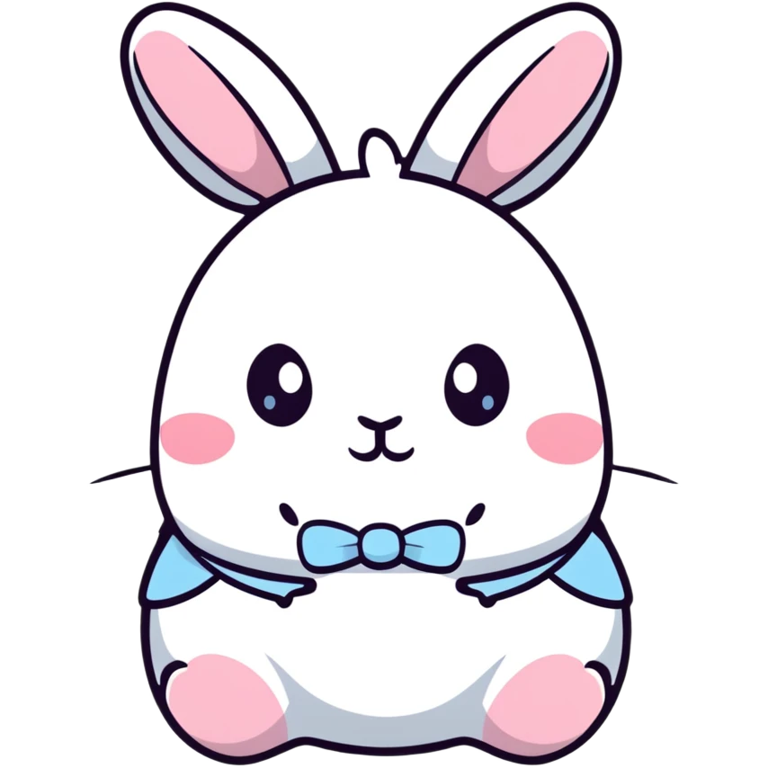 A chubby bunny character in exact Sanrio style like Kuromi and Cinnamoroll, ultra cute, super simplified kawaii design, oversized head on tiny body, rosy cheeks, small dot eyes, simple bow, pastel pink and soft blue colors, pure white face, thick black outline emoji