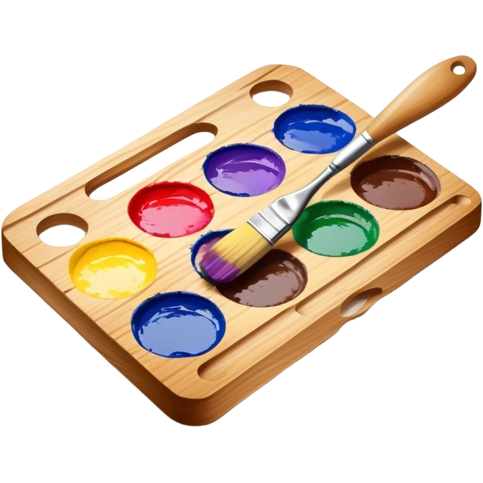 Cinematic Realistic image of a vibrant paint palette and brush, featuring a wooden palette smeared with an array of richly blended colors and a finely detailed brush with soft, delicate bristles, set against a softly textured background that evokes artistic inspiration emoji