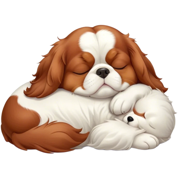 Cinematic Chubby Sleeping Cavalier King Charles Spaniel Portrait Emoji, Chubby and serene, with a round, endearing build and a plush, silky coat of rich chestnut and white, eyes gently closed in peaceful slumber, Simplified yet irresistibly endearing features, highly detailed, glowing with a gentle, dreamy glow, high shine, relaxed and content, stylized with a touch of whimsy, bright and heartwarming, soft glowing outline, capturing the essence of a blissfully sleepy companion, so comically serene it feels like it could roll out of the screen and snore with adorable charm! emoji