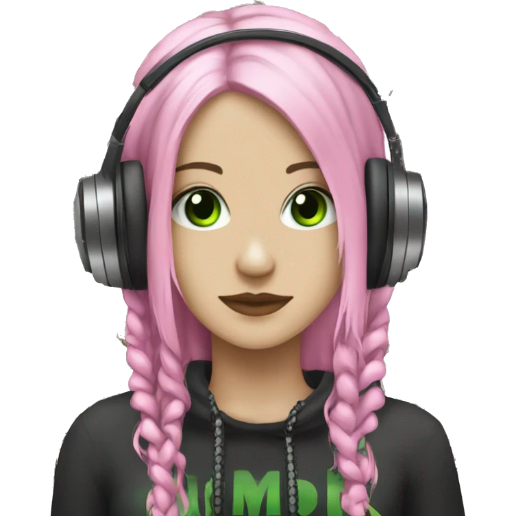 White skinned woman, green eyes, black dreadlocks, pink headphones, gothic, grunge, punk emoji
