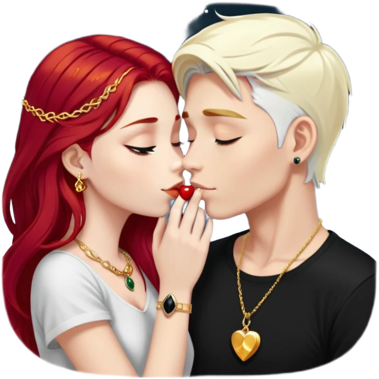 couple kissing, girl with long cherry red hair, blonde eyebrows, gold jewelry, boy with SHORT PURE WHITE hair like snow, dark t-shirt, silver ring with black stone emoji