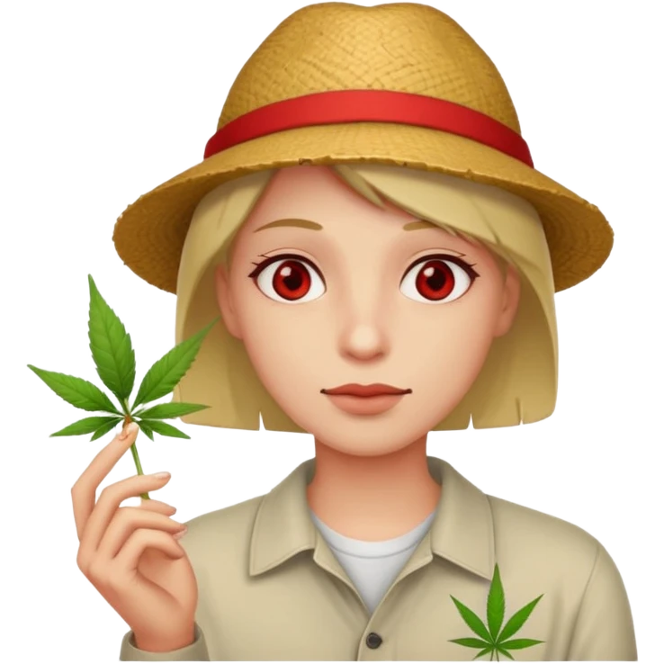 face with red eyes, relaxed expression, holding a weed joint, looking high emoji