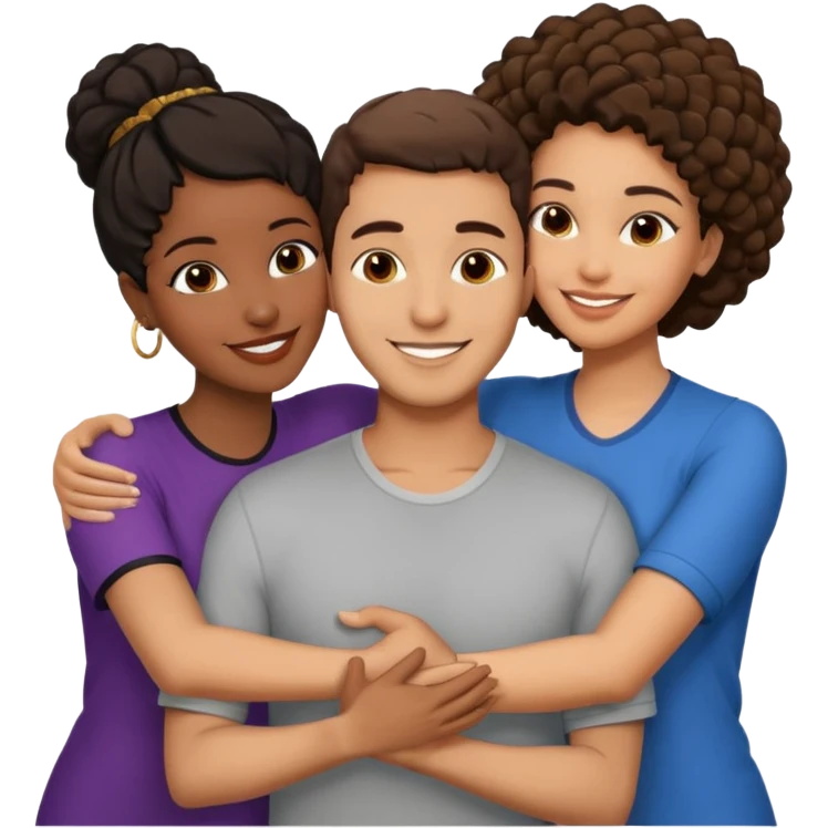 middle Eastern man with short brown hairwith two black african women both are African one is medium tone light tone skin black and one is medium tone black with african hair styles. and they are all smiling and putting their arms around each other and kiss, kissing and hugging. emoji
