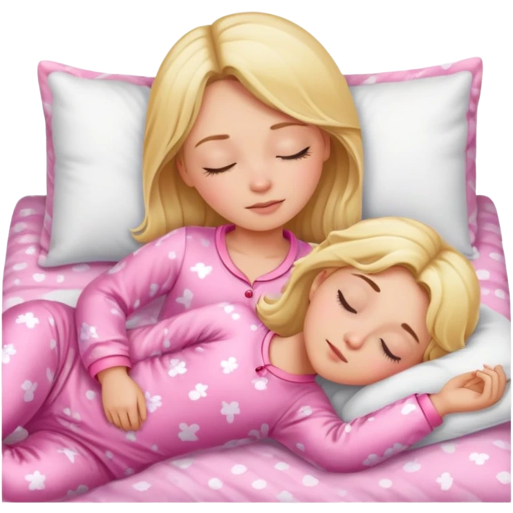 blonde girl in pink Pajamas is sleeping in the bad  emoji