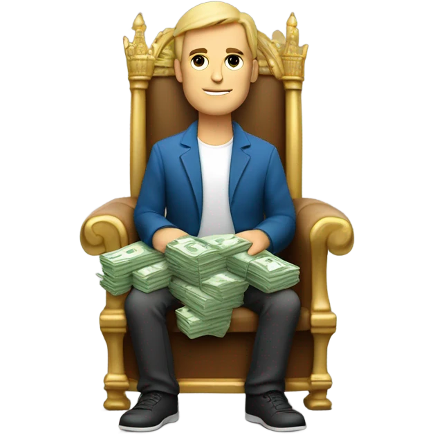 Caucasian Man sitting on a throne of cash with a laptop emoji