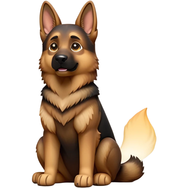 cinematic-[german shepherd]-realistic-full-body-sitting-emoji,-tail-resting-loosely-beside-its-paws,-head-tilted-dramatically,-sleek-[brown and black]-fur,-simplified-yet-realistic-focused-features,-highly-detailed,-glowing-with-an-almost-sarcastic-glow emoji
