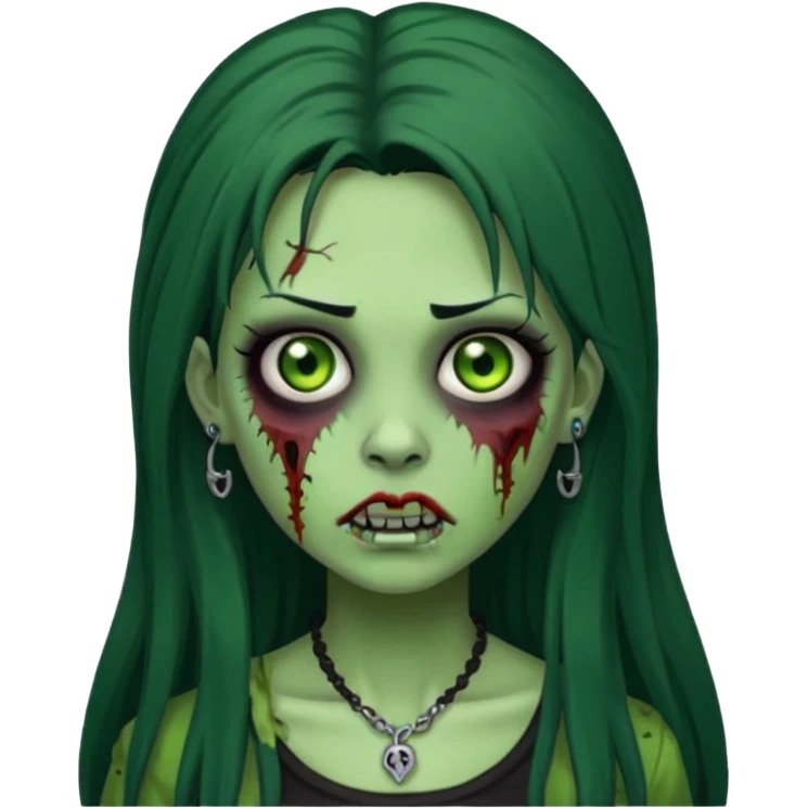 Zombie girl with a facial piercings long black hair green skin emoji
