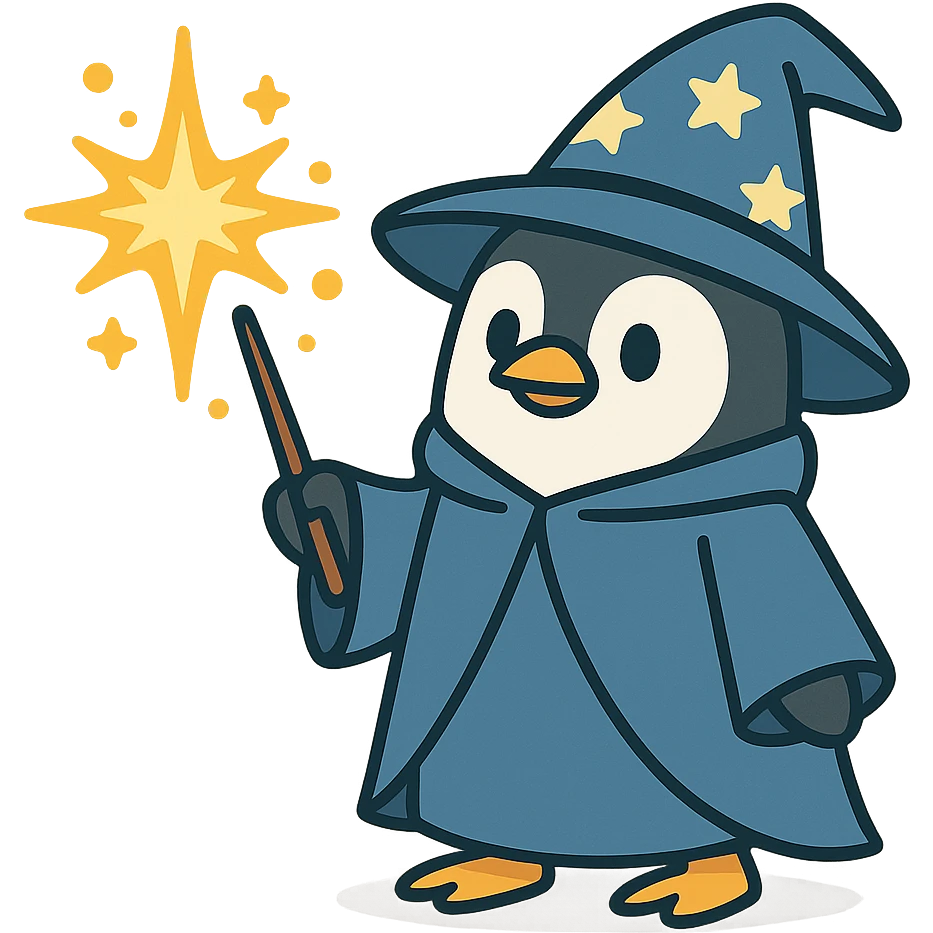 flat toon style penguin wizard casting a spell emoji