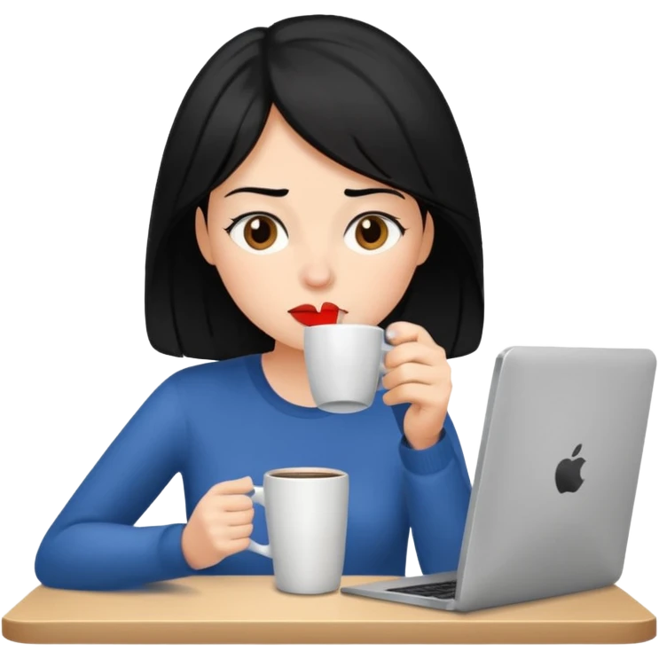 컴퓨터하면서 커피를 많이 마시고 있는 피곤해보이는 검은머리 여자 emoji