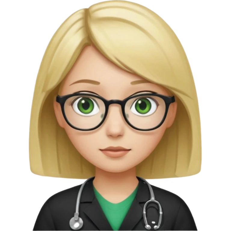 A girl in black scrubs with a blonde bob and glasses no stethoscope green eyes emoji