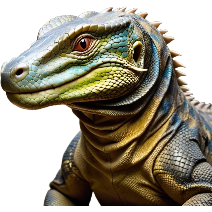 Cinematic Realistic Comical Komodo Dragon Portrait Emoji, Head tilted dramatically with an exaggeratedly amused expression, featuring a striking, glossy scaled hide with bold textures and wide, expressive eyes brimming with playful disbelief, rendered with lifelike detail and natural hues, high shine, dramatic yet playful, styled with an air of cheeky reptilian mischief, soft glowing outline, capturing the essence of a spirited and over‐the‐top Komodo dragon that looks ready to charge its way into viral fame! emoji