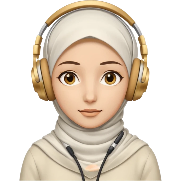 This is a cartoon-style avatar of a woman wearing a white hijab and headphones, with golden-brown eyes and a calm expression. emoji