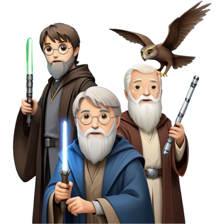 Icon for Fantasy and Sci-Fi Movies: Collage featuring Harry Potter with his wand, Dumbledore. Luke Skywalker with a lightsaber and futuristic robots. Background with a magical planet, Hogwarts, flying owls and spaceships. Epic and magical atmosphere. Transparent background. emoji