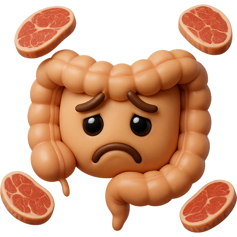 emoji stile iphone in 3d di un intestino triste con fette di carne che gli fluttuano intorno, iperrealistico 4k emoji
