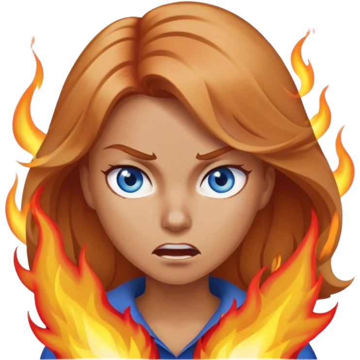 woman with below shoulder length strawberry blond hair and blue eyes angrily setting fires emoji