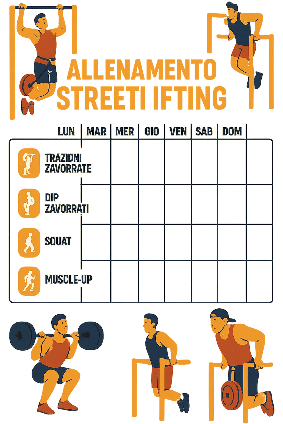 a streetlifting training sheet with icons for each exercise—weighted pull-ups, weighted dips, squats, muscle-ups—organized in a weekly schedule. Around the sheet, small illustrations show athletes performing each movement with proper form. The color palette is bold and energetic, and the background is clean and minimal. in italiano emoji