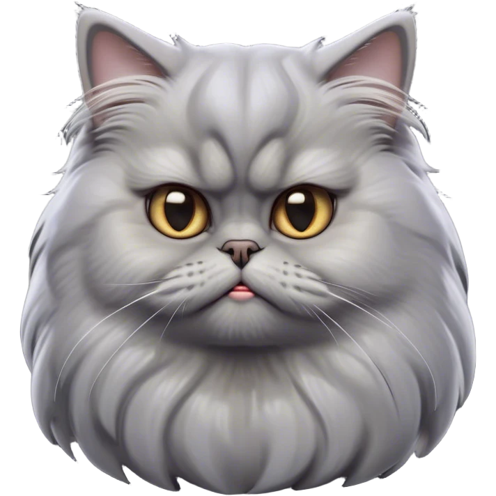 Cinematic Derpy grumpy comical Grey Persian Cat Portrait Emoji, Head tilted playfully with an adorably awkward expression, fluffy grey fur with soft silver undertones, Simplified yet hilariously derpy features, highly detailed, glowing with a warm but slightly confused glow, high shine, a mix of lazy and clueless, stylized with a touch of whimsy, bright but with a completely derpy and grumpy face, soft glowing outline, capturing the essence of a quirky yet chubby, grumpy kitty, so endearing it feels like it could stretch out of the screen and demand attention with its wonderfully derpy charm! emoji