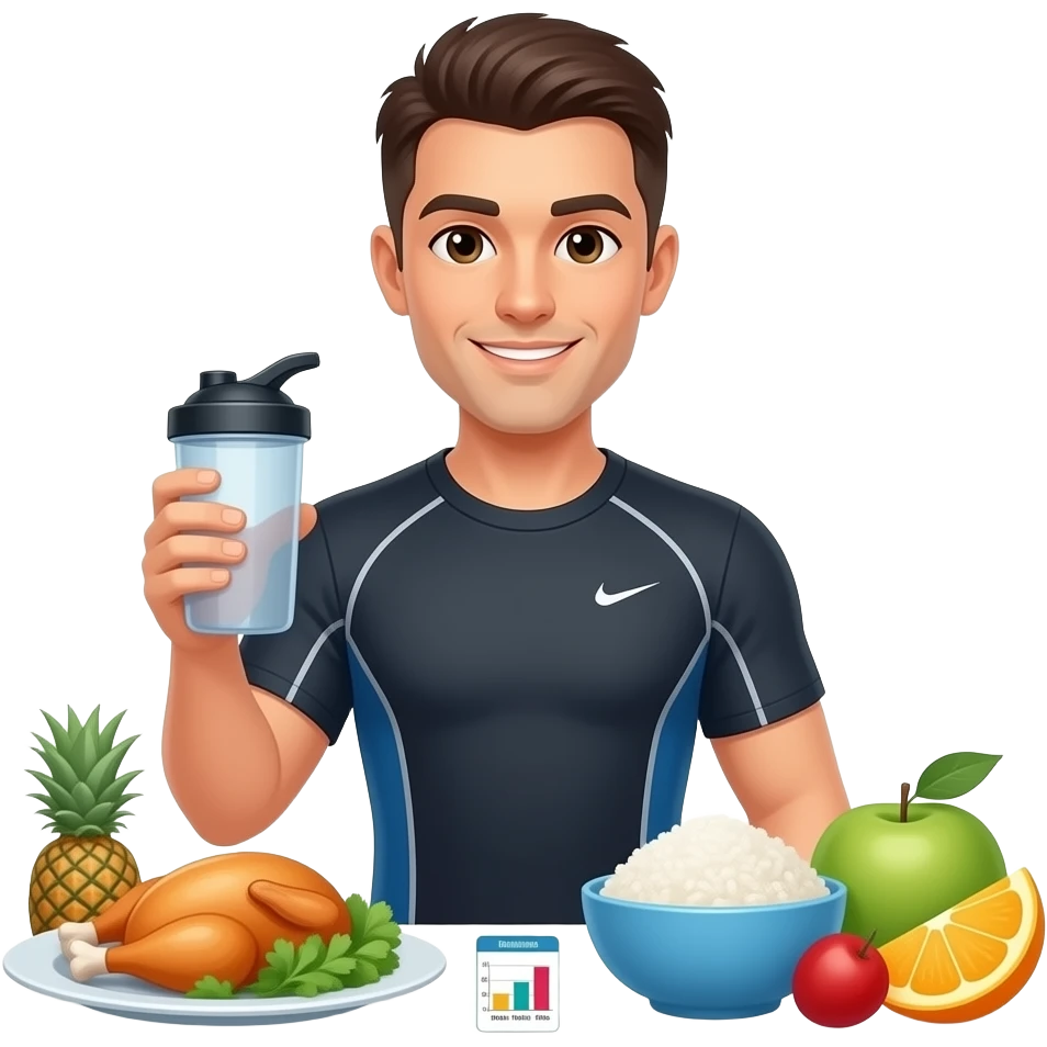 male sports nutritionist — athletic, short hair, wearing performance gear. Include: Shaker bottle + simple healthy foods (chicken, rice, fruit) Small macro chart (carbs/protein/fats) Style: iOS emoji style, minimal, glossy Green/white colour palette Professional, high-performance, not cartoonish emoji