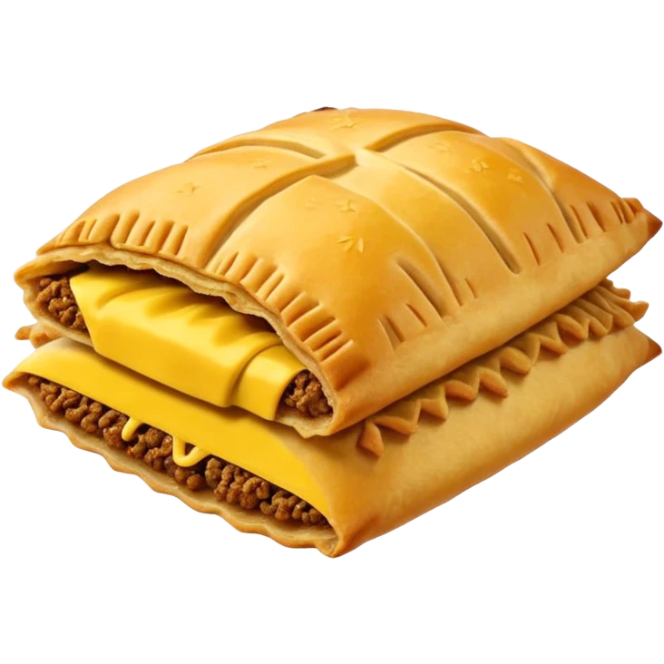 side view of a Jamaican patty, golden flaky pastry with crimped edge, slightly open to reveal spicy beef filling, emoji style emoji