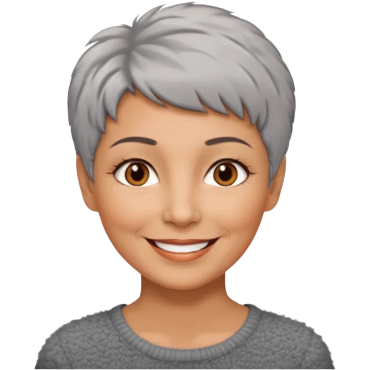 woman 50 years old, short grey fluffy cut hair, tannes skin and brown eyes emoji