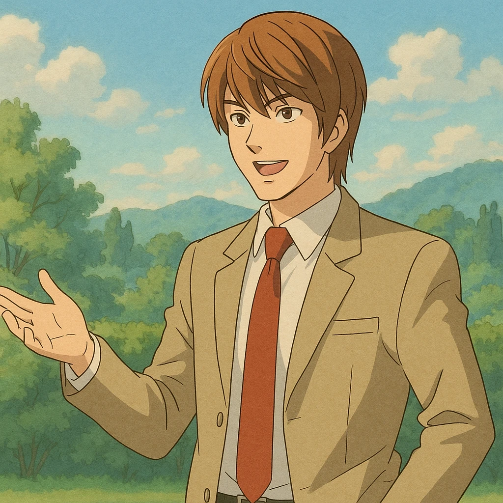 Light Yagami standing and explaining something with a confident expression, hand gesturing, soft colors, anime-inspired background in Ghibli style emoji