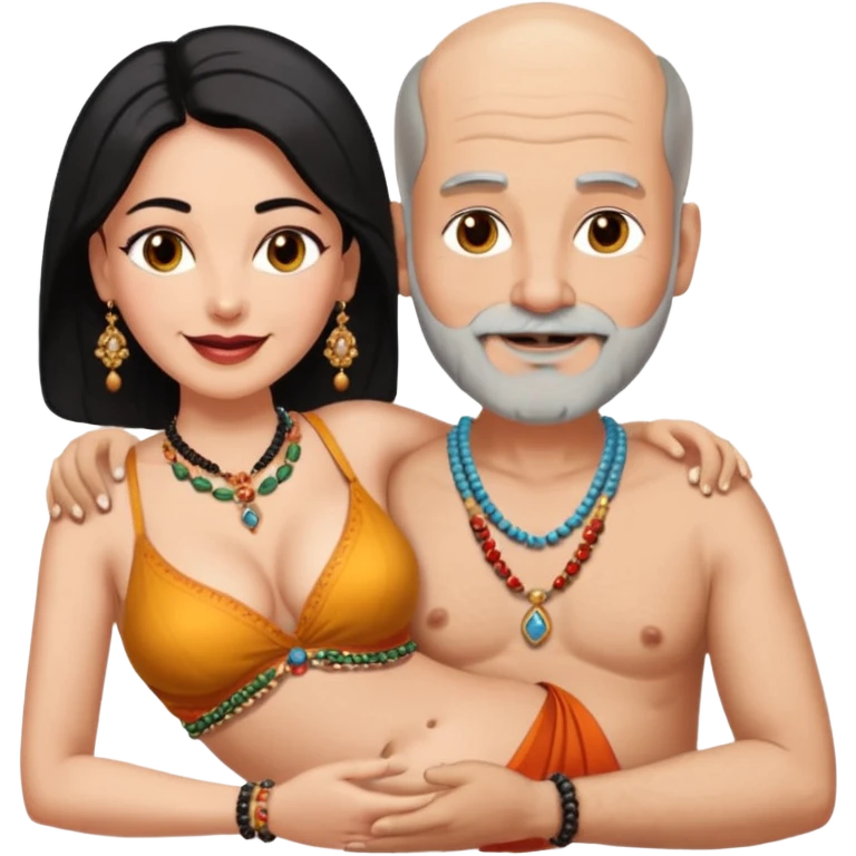 A balding man in his 60s with a grey beard lying on the thighs of a woman in her 40s with dark black hair parted in indian woman style wearing a beads chain  with the cleavage of the woman visible in both must be blissfully smiling emoji