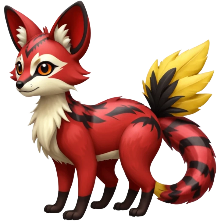 Futuristic sanguine-red banana-yellow black chevron-marked furry fluffy floofy feathery tribal marked Genet-Absol-Kyurem-Zeraora-Primagen-fusion-creature  emoji