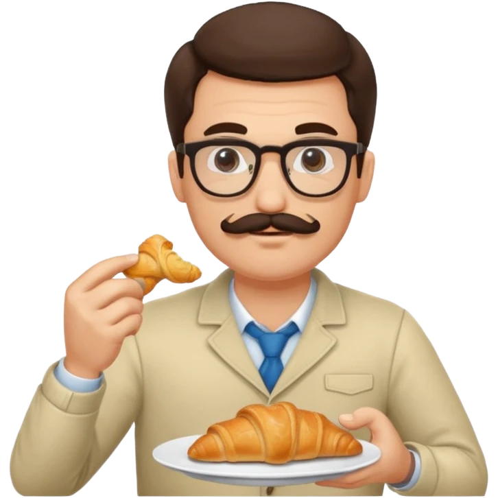 brunette man with glasses and moustache eating croissant emoji