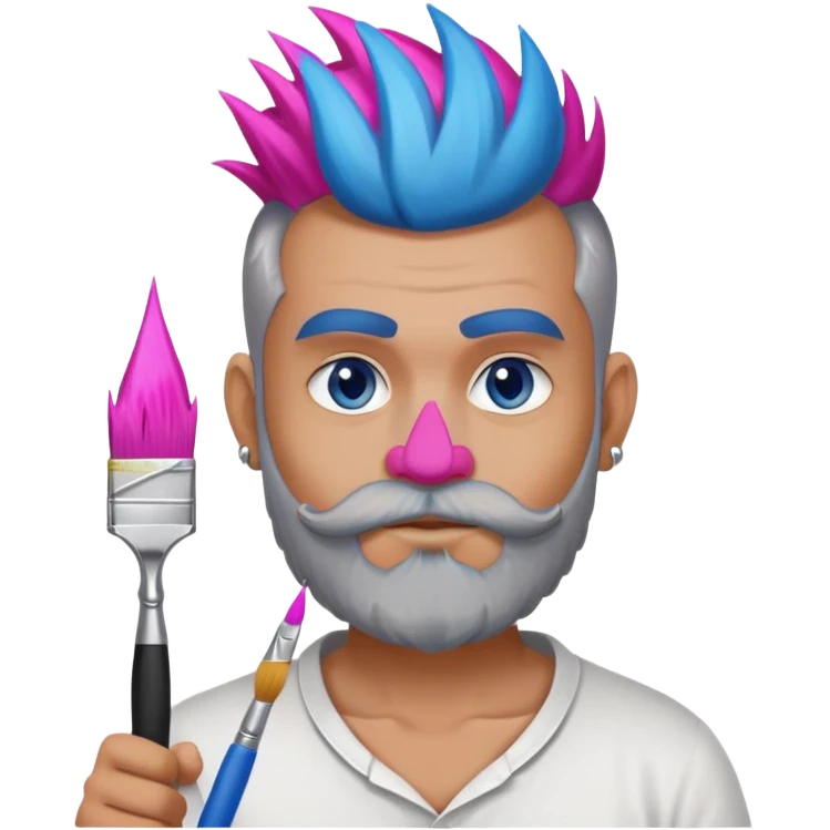 Make a man with thick gray and white beard sorta tan with a Mohawk that’s hot pink with a nose piercing and blue eyes  holding a paint brush  emoji