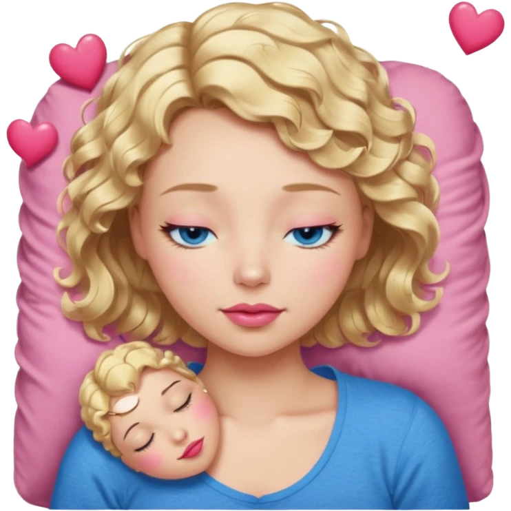 Girl Blonde short wavy hair,  blue eyes, cute blue top, long lashes, pink lips, sleeping eyes closed, hearts  emoji