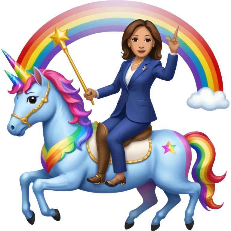 Kamala Harris and donald trump riding a rainbow unicorn emoji